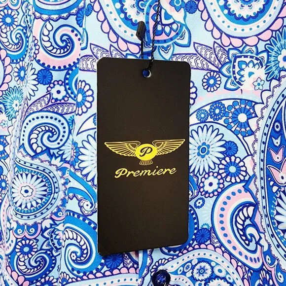 Mens Blue Paisley Short-Sleeve Button-Up Dress Shirt By Premiere Size M - Picture 5 of 8